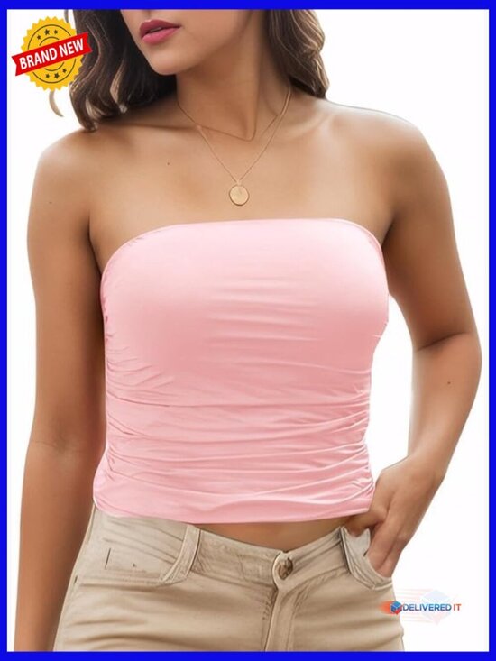 Tops - Strapless Tube Top Ruched Crop Cami Stretchy Soft Cooling Bandeau Non Padded